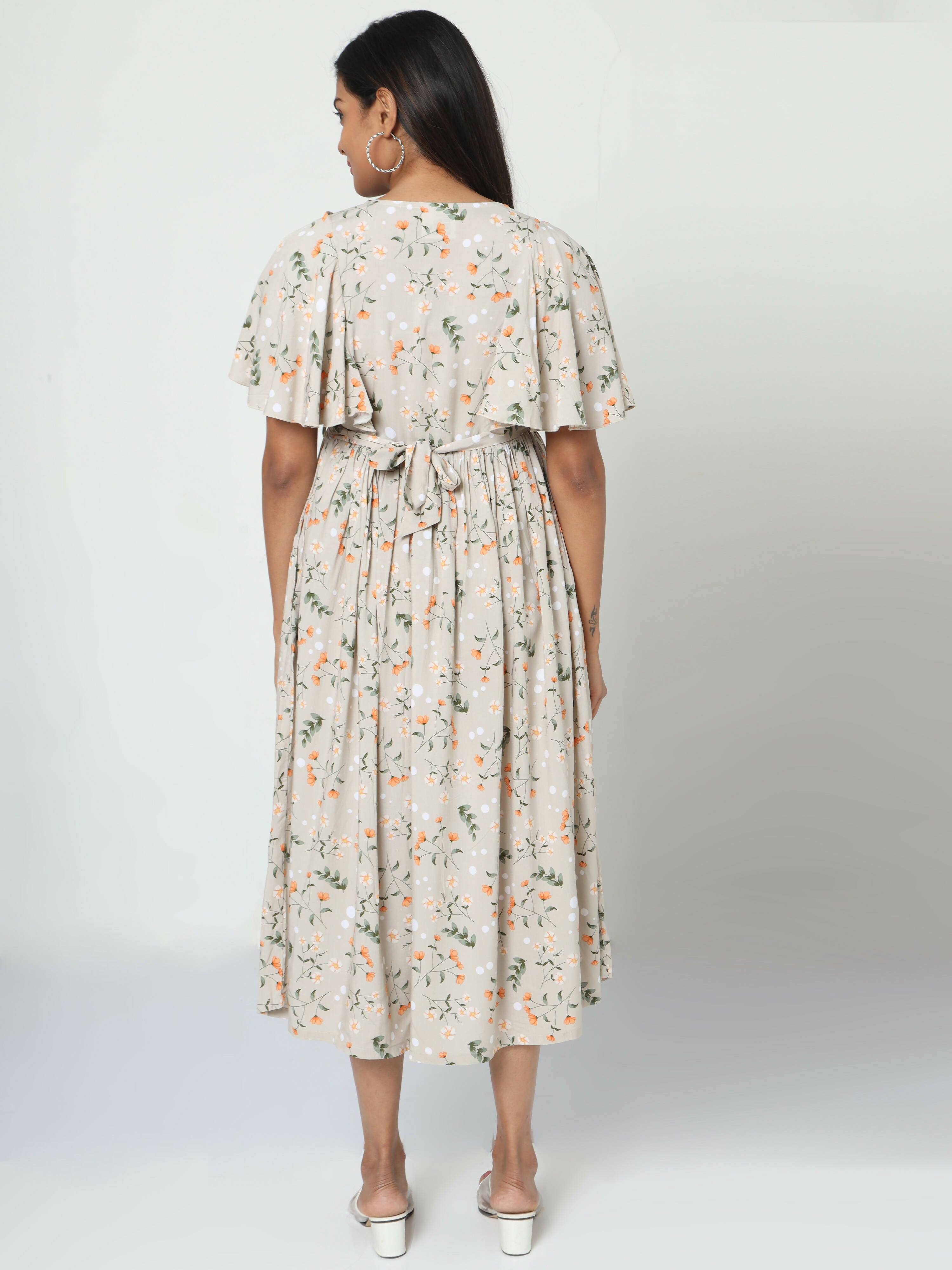 Manet Frill With Sleeves Maternity Dress Floral Print With Concealed Zipper Nursing Access - Cream