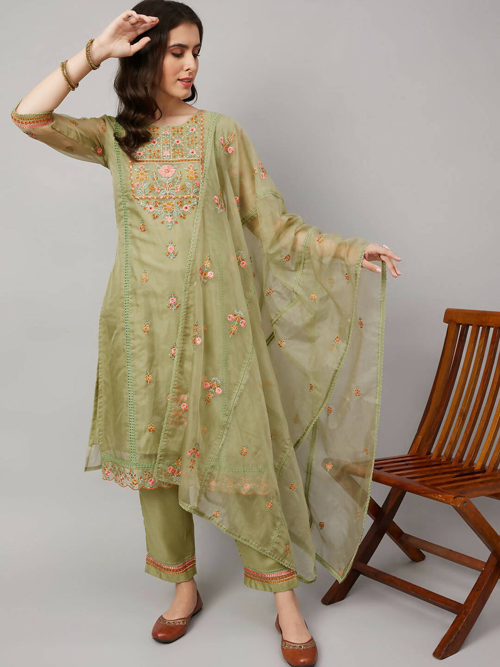Green Organza Embroidered Kurta with Bottom & Dupatta - Salimar