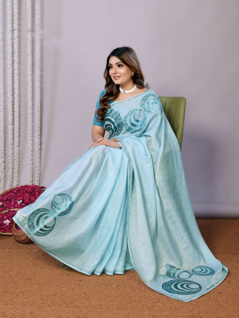 Sky Blue Organza Crepe Printed Stone Work Saree - Norita Saumya