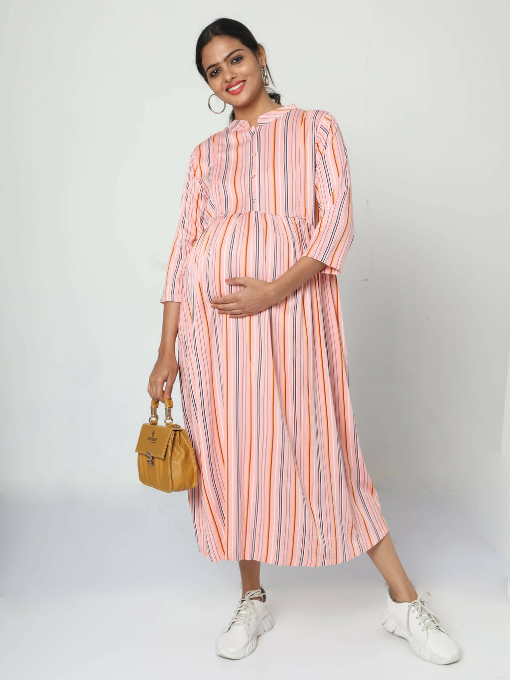 Manet Three Fourth Maternity Dress Strip Print With Concealed Zipper Nursing Access - Pink
