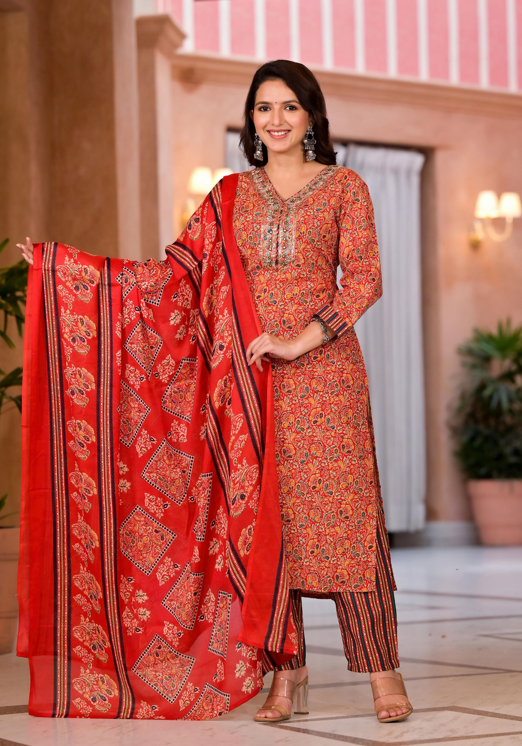 Juniper Women's Red Cotton Ethnic Motif Printed Kurta Set With Sequins & Thread Work
