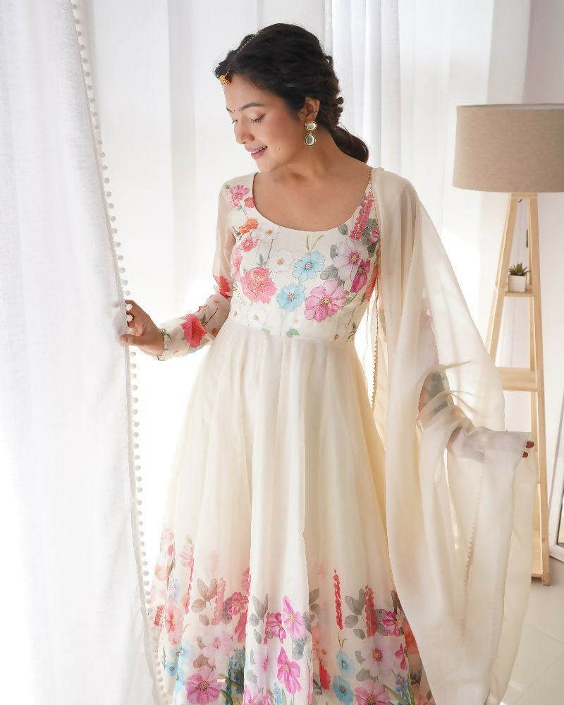 Joban Fashion Cream Kurta Set Organza Sequin Embroidery Work