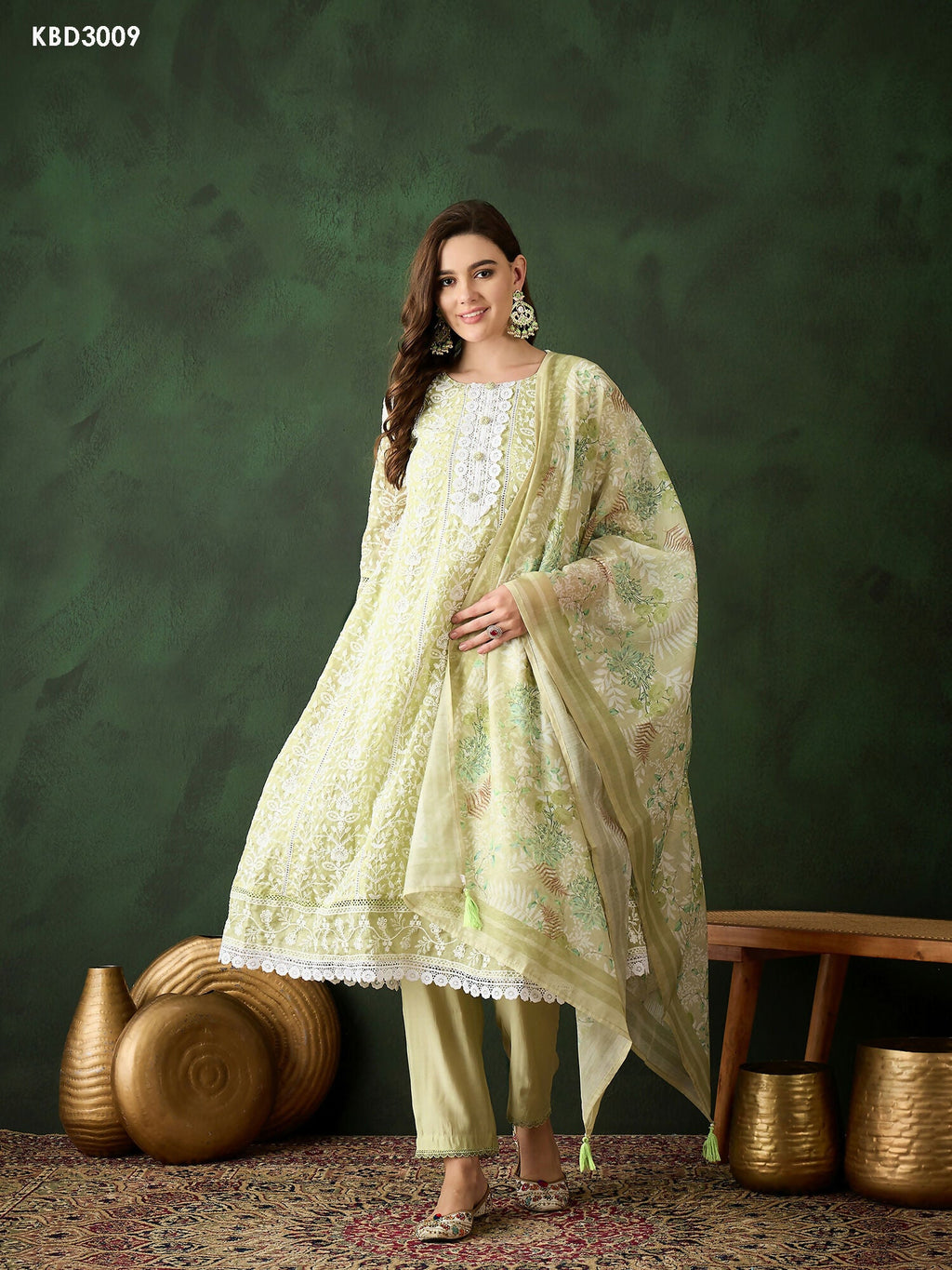 Green Crystal Organza schiffli embroidery Kurta With Trouser & Dupatta - Bhumi