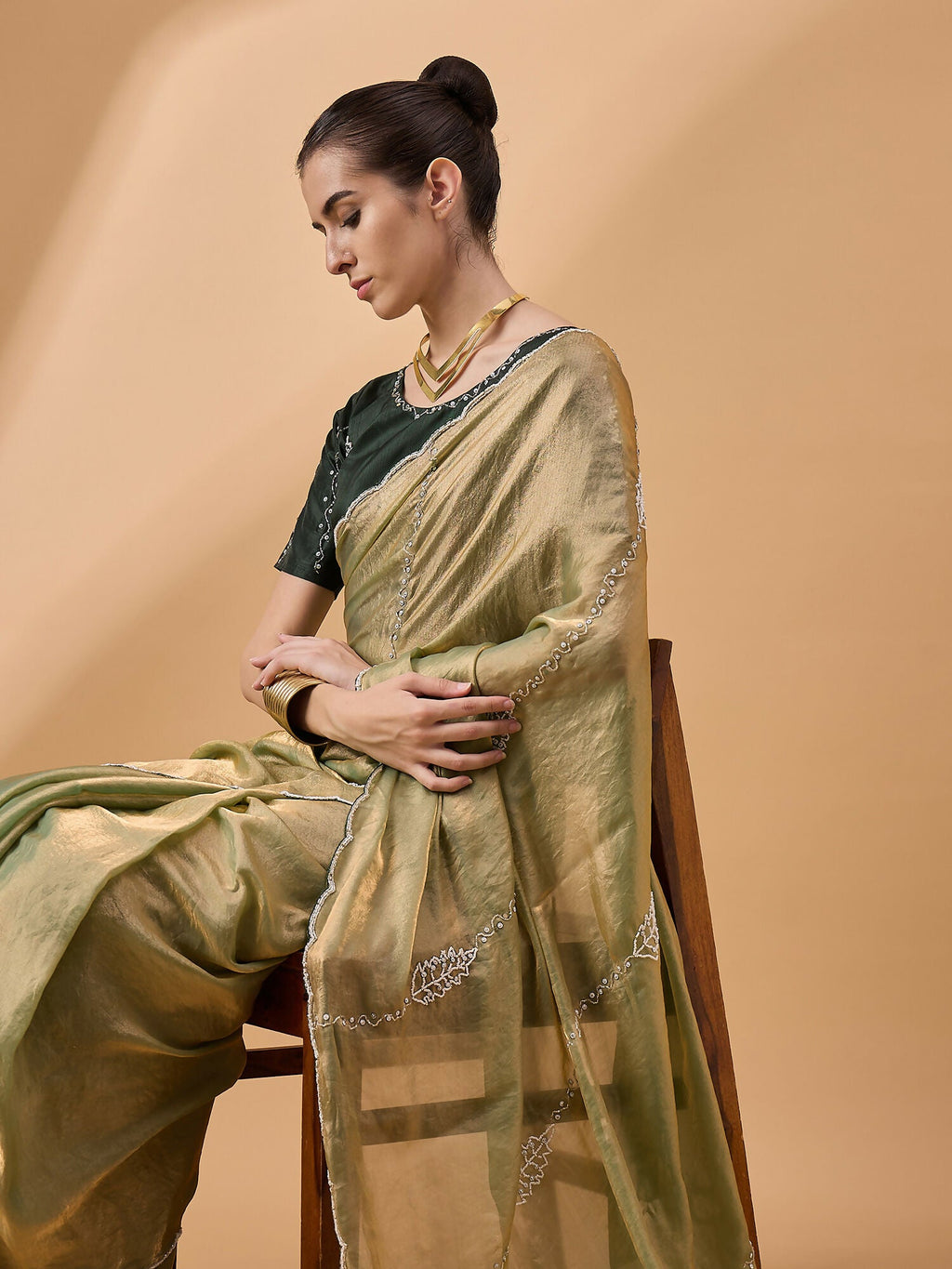 Green Muslin Embroidered Saree with Unstitched Blouse Piece - Satya