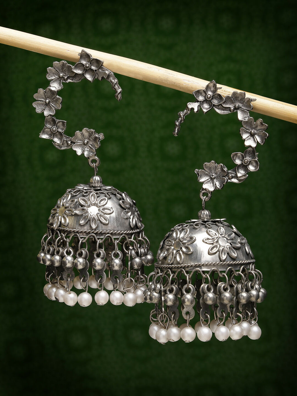 NVR Women's Silver Plated Pearl Beaded Oxidised Contemporary Jhumka Earrings