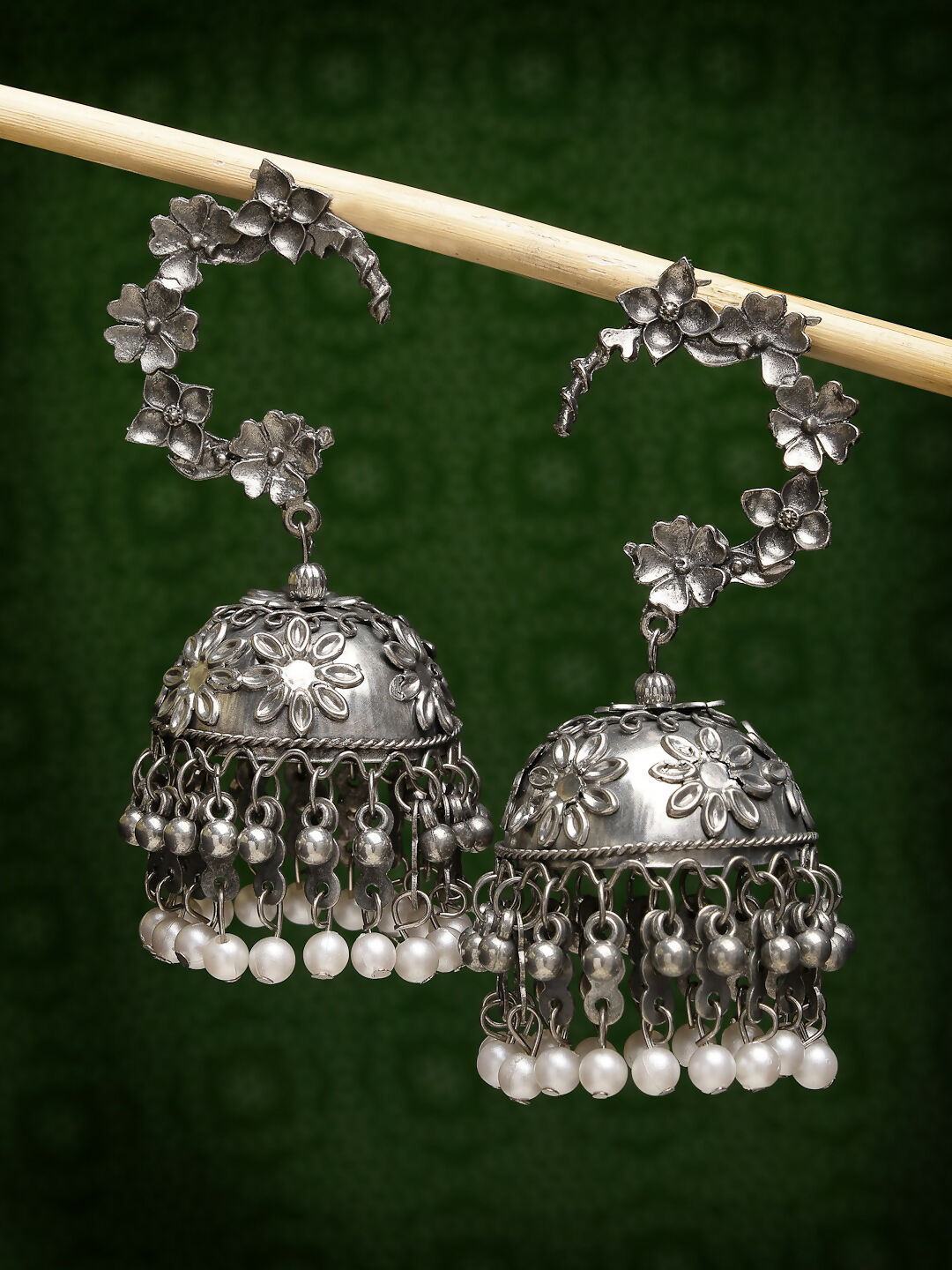 NVR Women's Silver Plated Pearl Beaded Oxidised Contemporary Jhumka Earrings