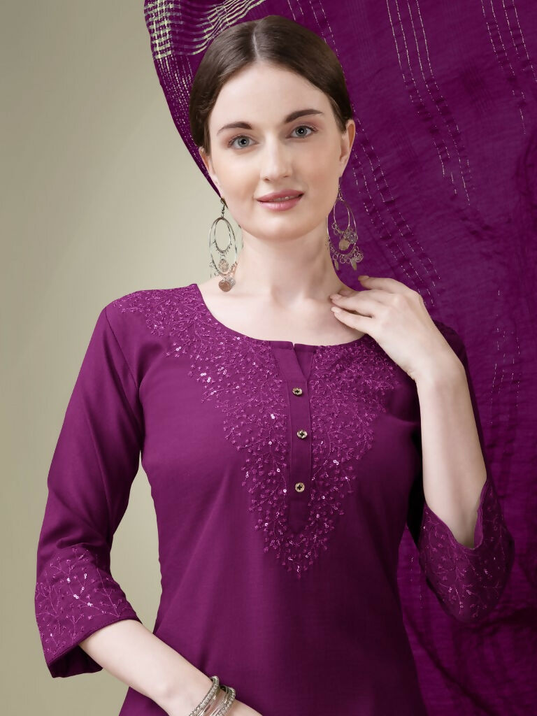 Jyoti Fashion Women's Purple Cotton Blend Embroidery & Sequence work Kurta with Trouser & Dupatta