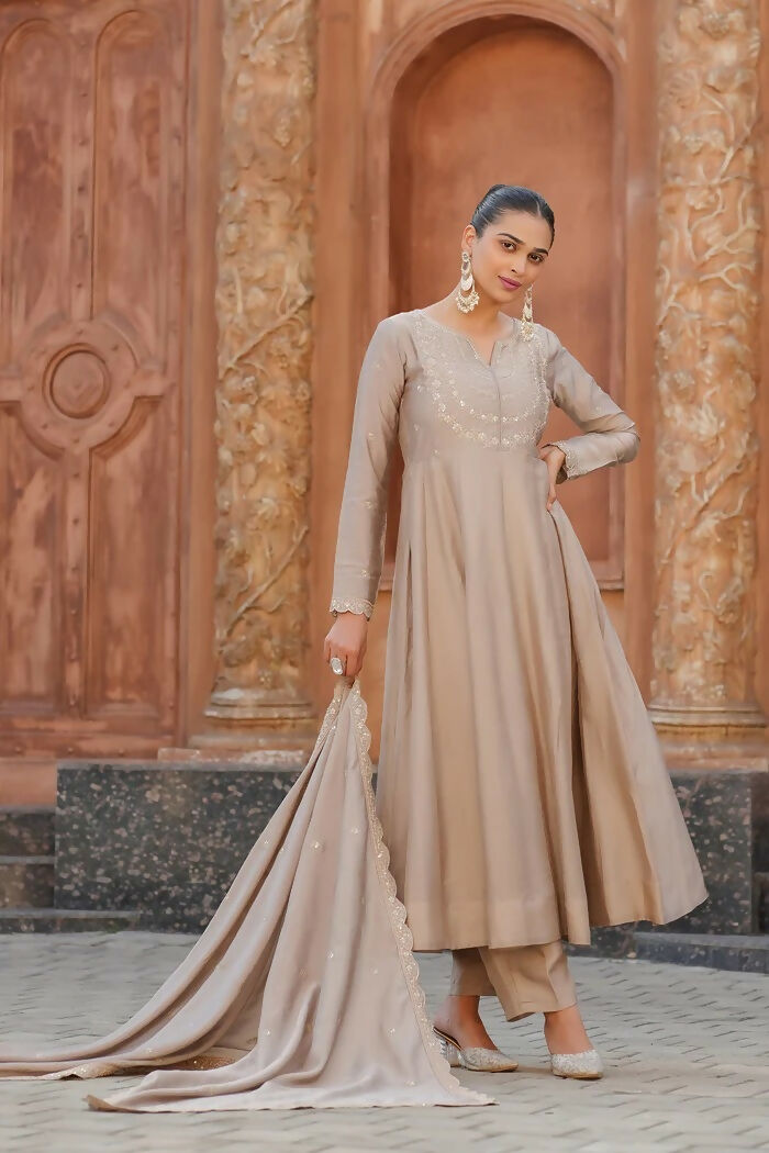 The52 Brown Women's Gorgeous Vichitra Silk Fabric Embroidered Work Flared Anarkali Pant and Dupatta Set