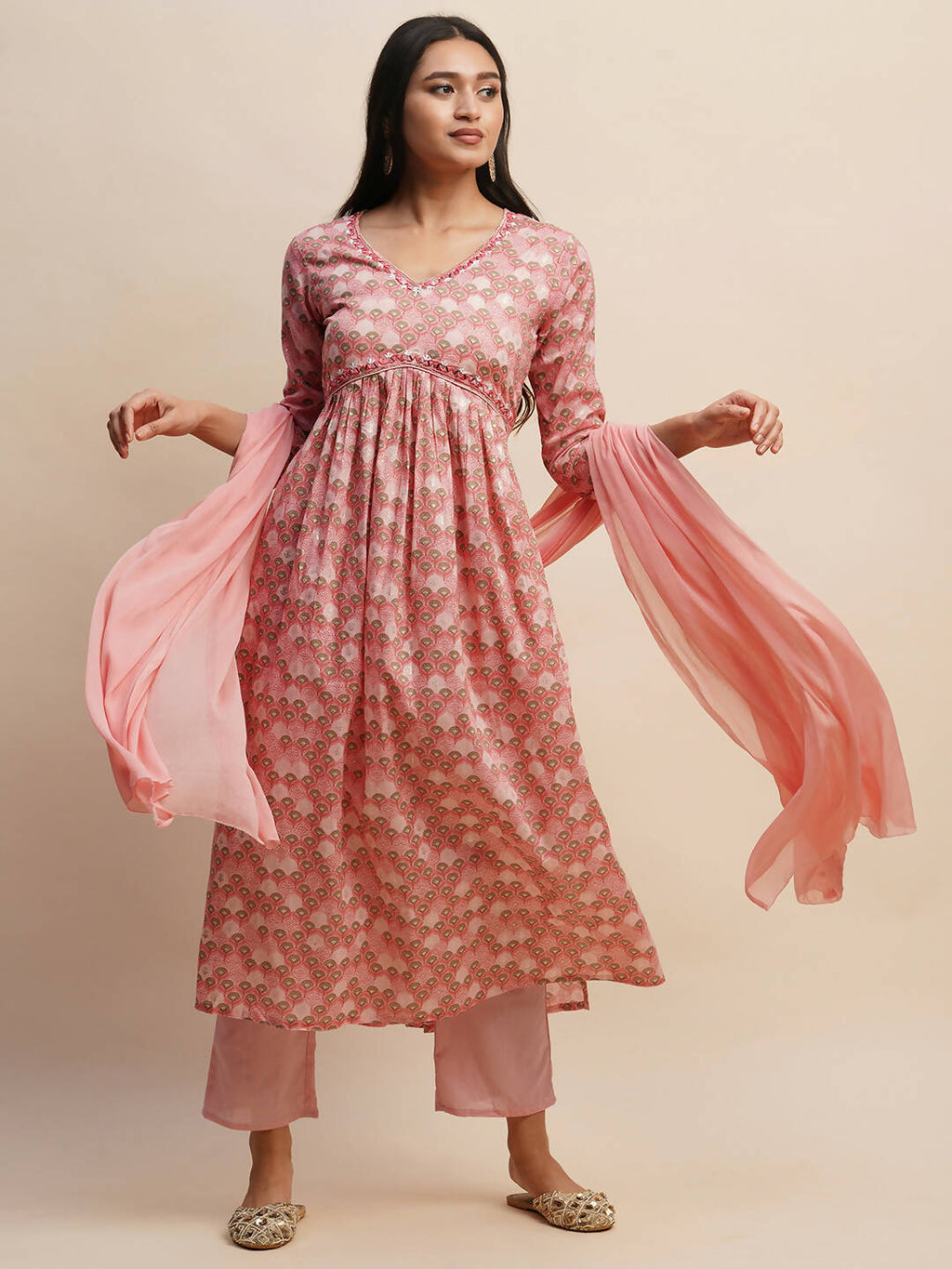 Pink Pure Cotton Floral Printed Naira Cut Kurta And Bottom With Dupatta - Akashara