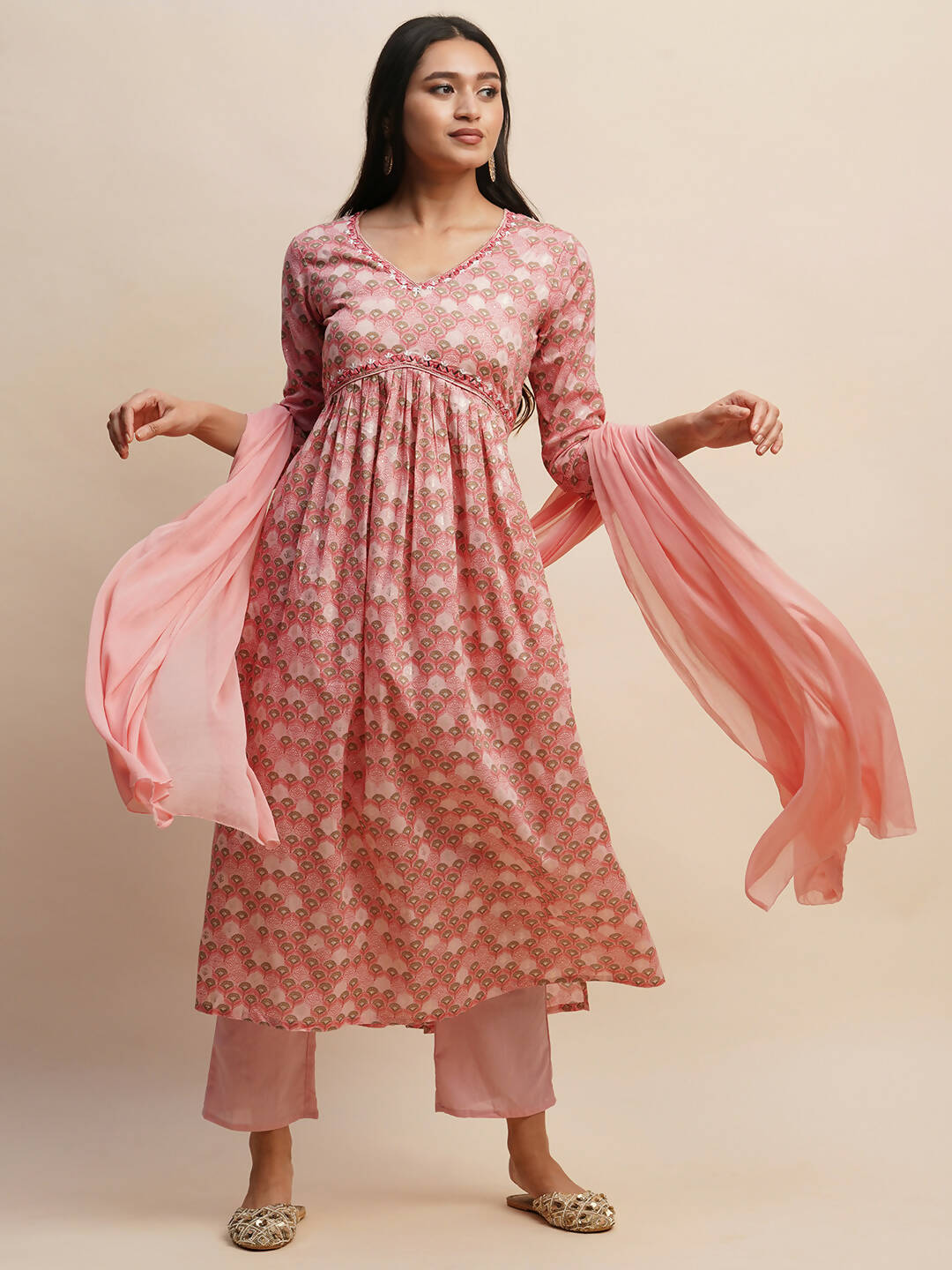 Pink Pure Cotton Floral Printed Naira Cut Kurta And Bottom With Dupatta - Akashara