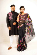 Exclusive Collection Elegant Hand Printing Designe On Pure Cotton Saree And Men's Kurta - Black