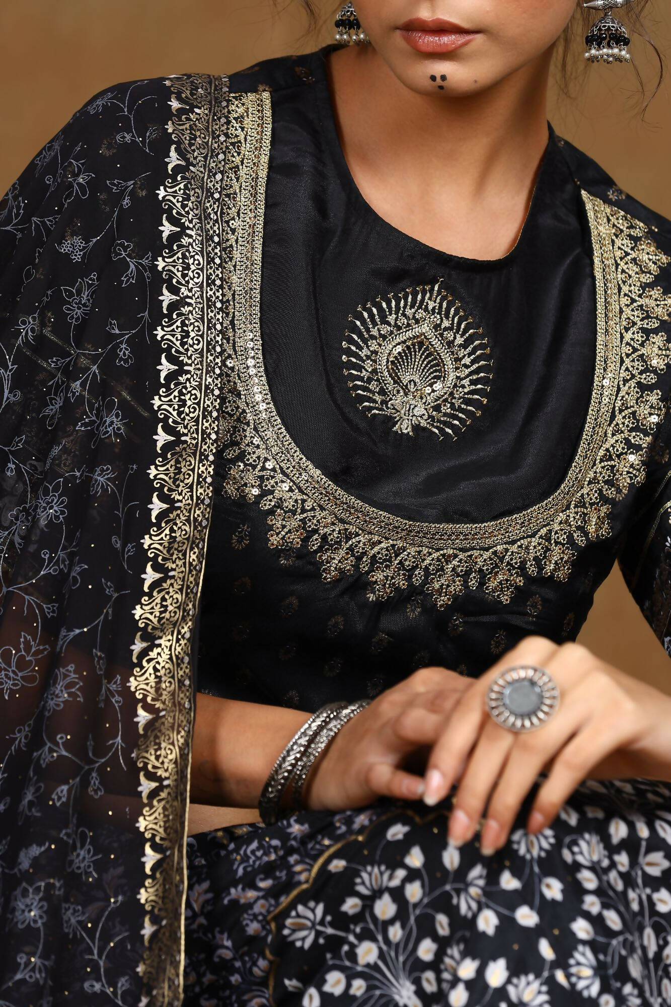 Juniper Women Black Shantoon Embroidered Flared Lehenga Choli Sets