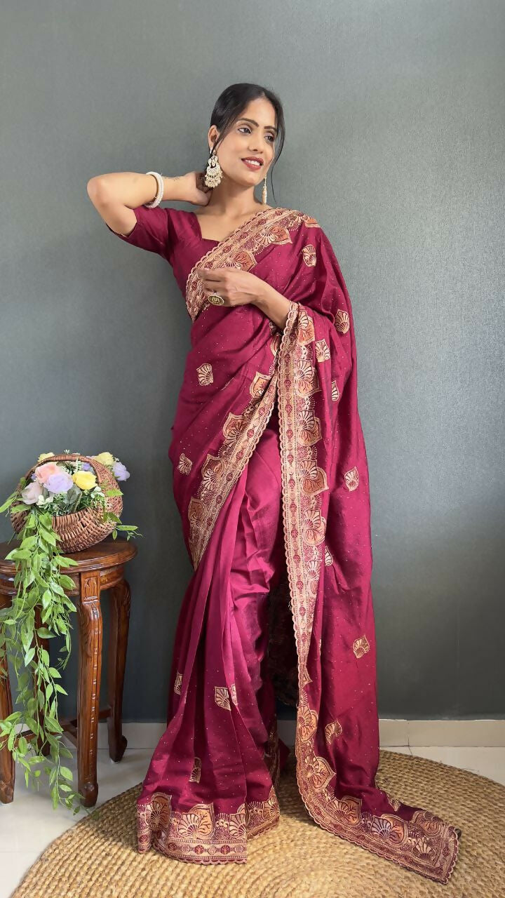 Vastranavya Pink Vichitra Silk Zari with Swarovski Work Ready to Wear Saree
