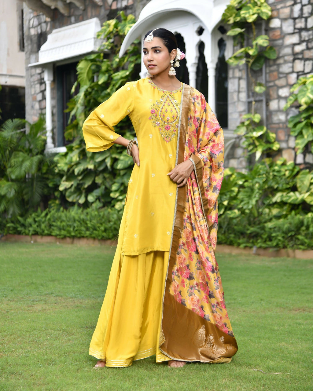 Vaasva Women's Silk Mustard Emboidered Solid Kurta, Sharara & Dupatta Set