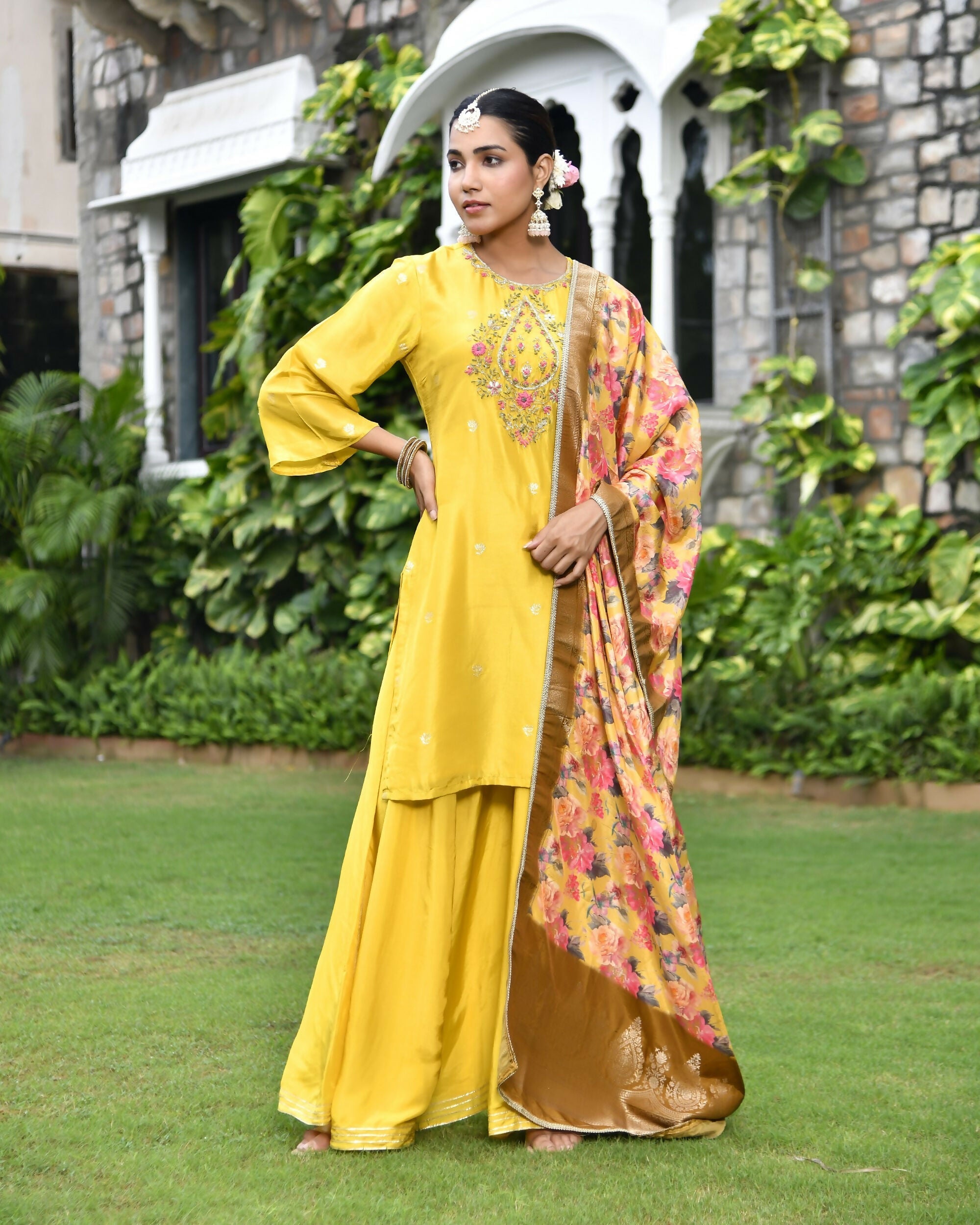 Vaasva Women's Silk Mustard Emboidered Solid Kurta, Sharara & Dupatta Set