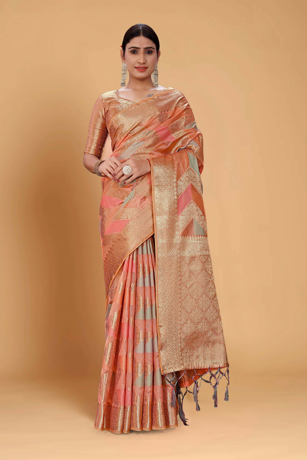 Peach Soft Organza Woven Design Saree With Unstitched Blouse Piece - Zaara