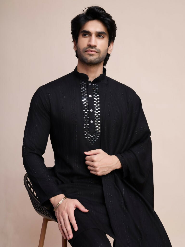 Vastranavya Traditional Festival Wear Viscose Thread & Sequence Embroidered Work Kurta Pant Set - Black