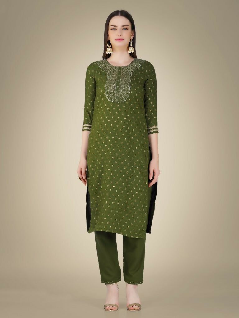 Jyoti Fashion Women's Mehendi Cotton Magic Slub Embroidery & Sequence work Kurta with Trouser & Dupatta