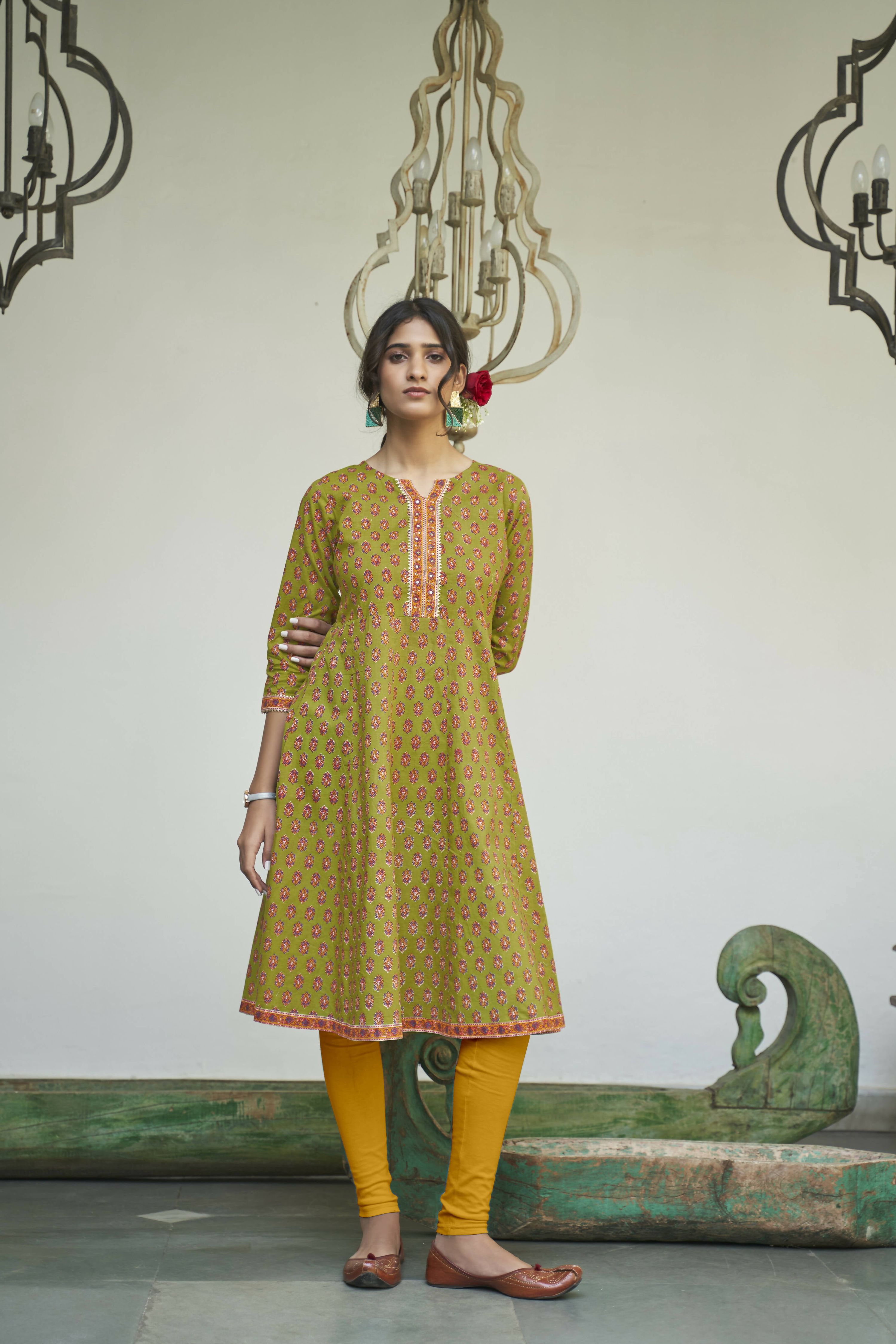 Green Cotton Floral Printed A line Kurta - Prasuti