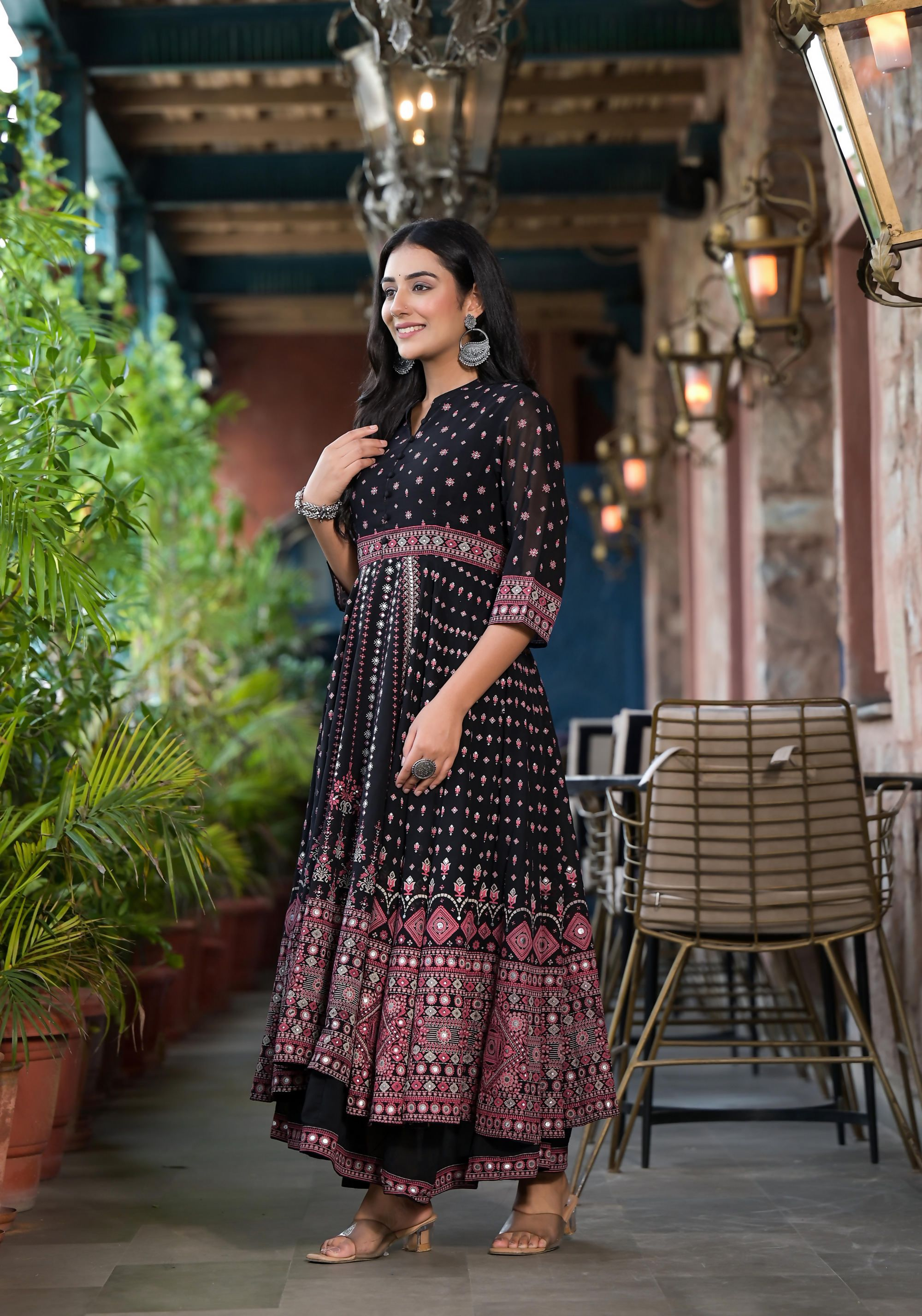 Juniper Women's Black Ethnic Motif Printed Georgette A-line Dress With Mirror Work & Sequins