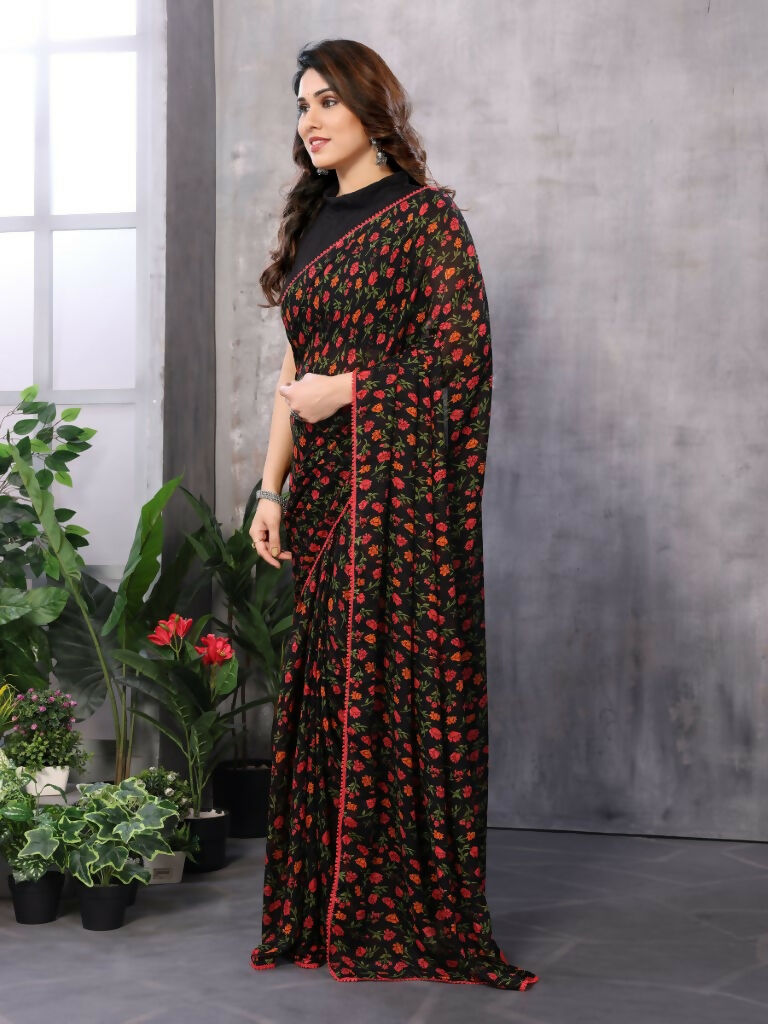 Partywear Designer Black & Red Georgette Fancy Saree - Satrangi