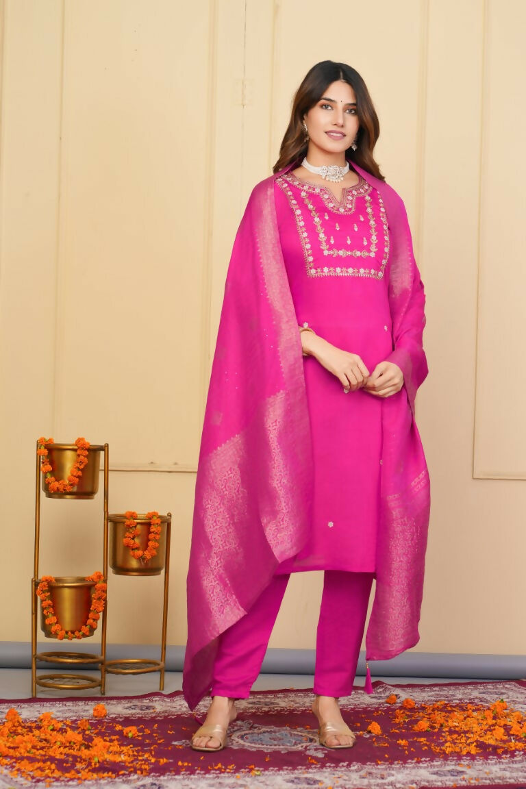 Pink Viscose Chanderi Embroidered Stitched Suit With Dupatta - Tanisha