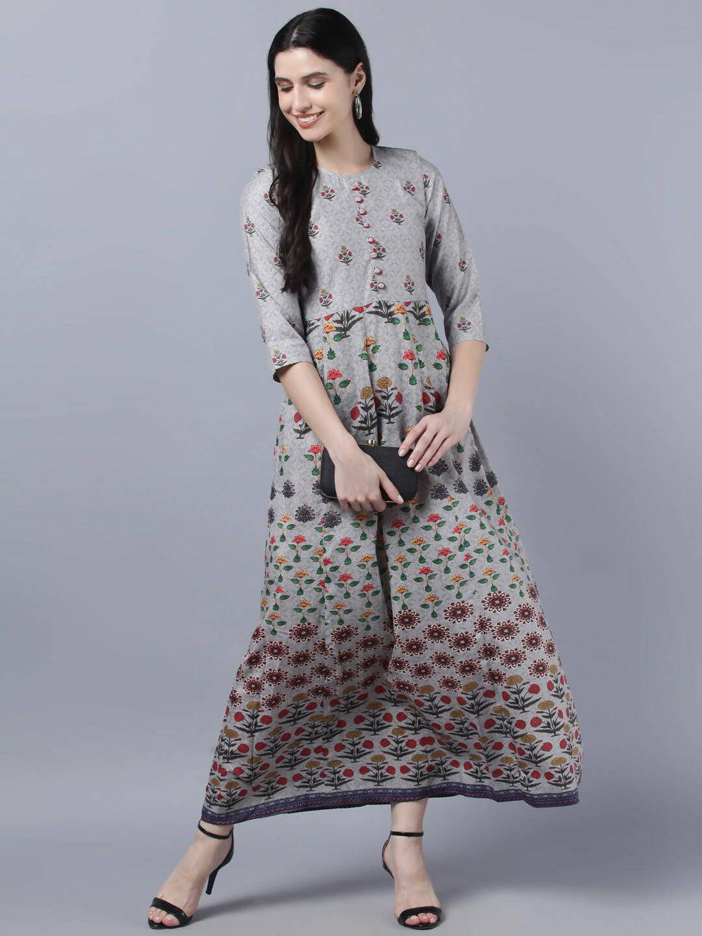 Myshka Women Grey Printed Ethnic Maxi Dress