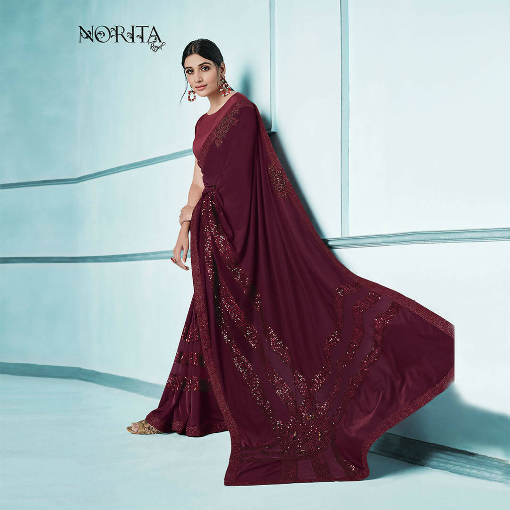 Maroon Lycra sequence Saree with Unstitched Blouse Piece - Norita Elaura