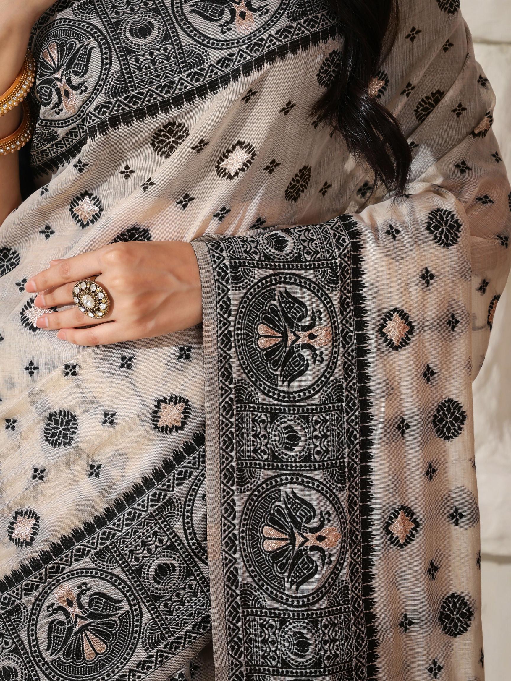 Shree Shyam Fashion Linen Cotton Black & Cream Saree