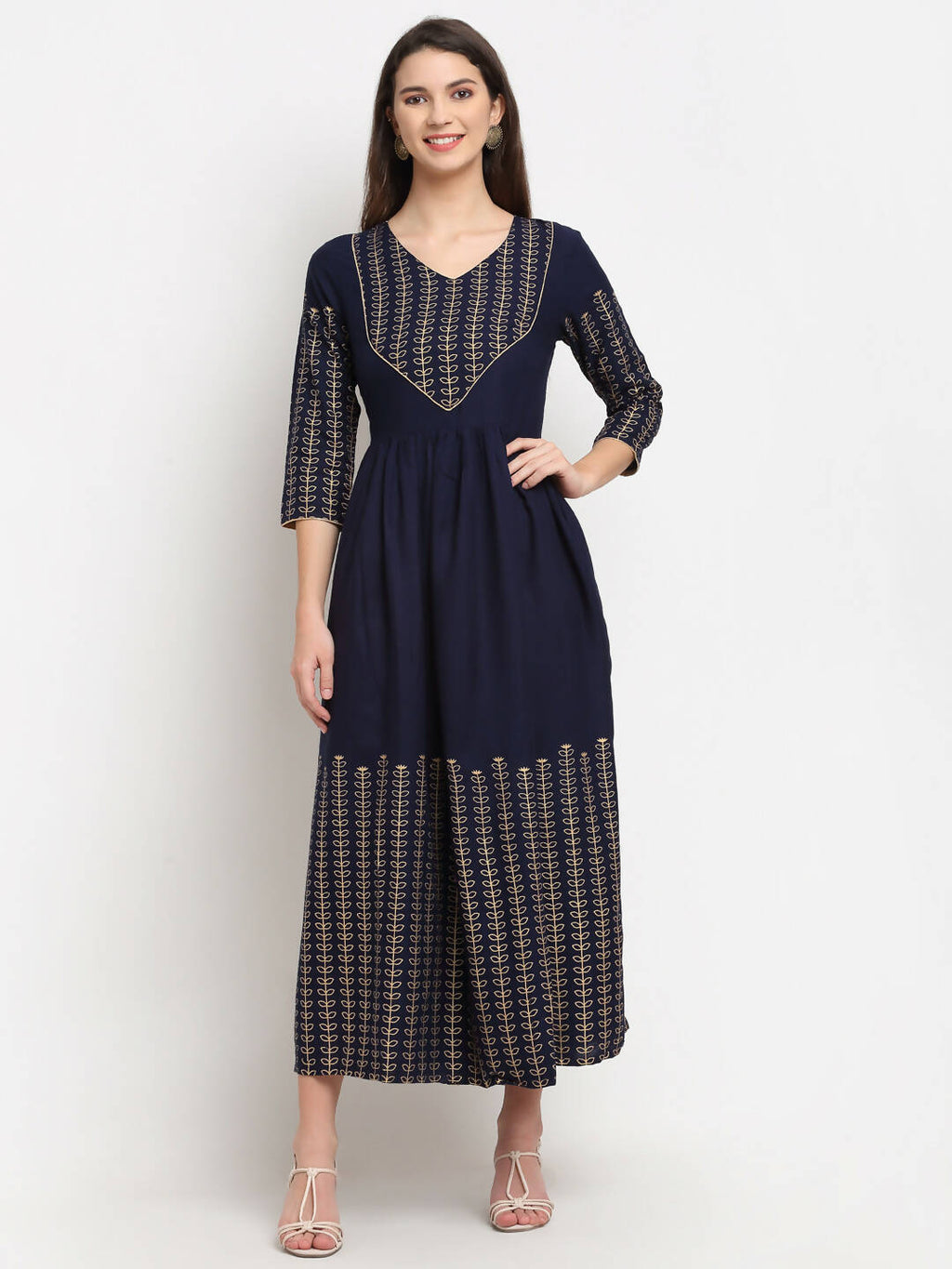 Rudra Bazaar Gold Printed A-line flared Blue kurti