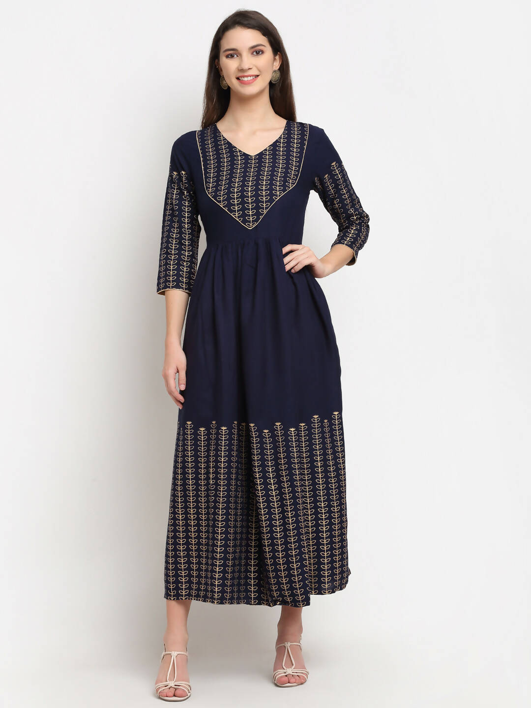 Rudra Bazaar Gold Printed A-line flared Blue kurti