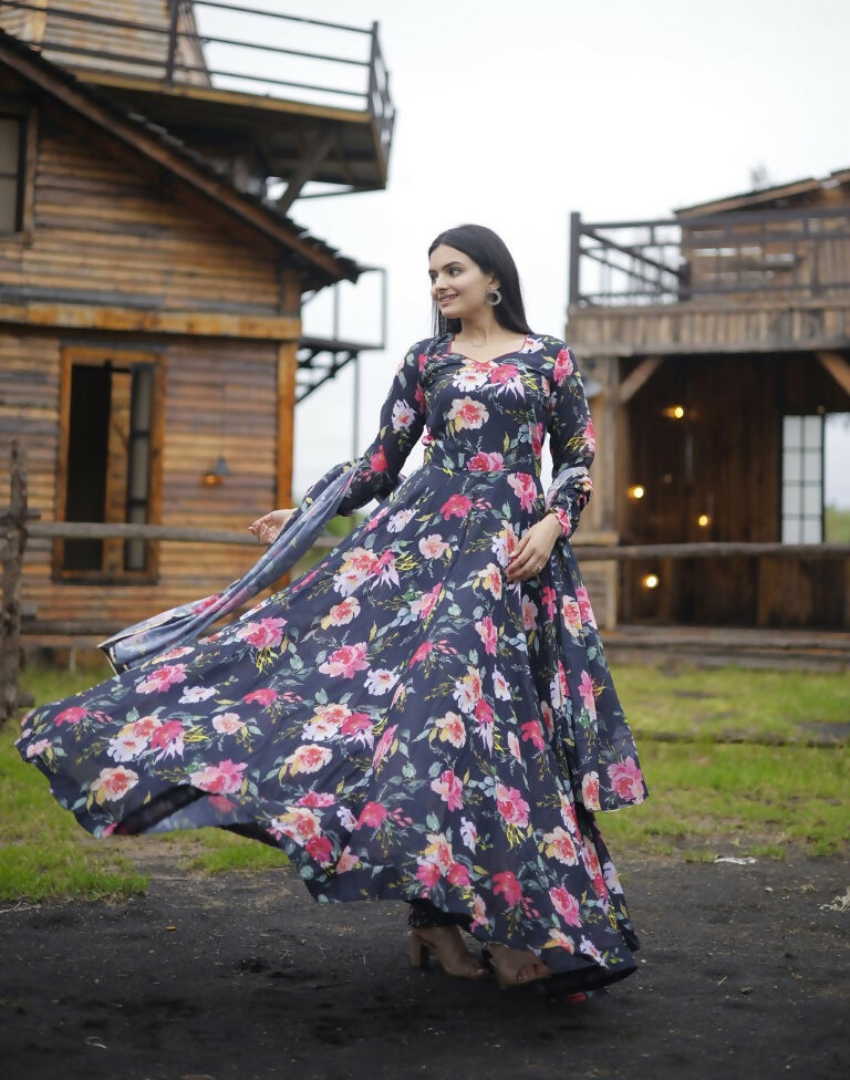 Jyoti Fashion Women's Black Faux Georgette Floral Digital Printed Anarkali Dress with Dupatta