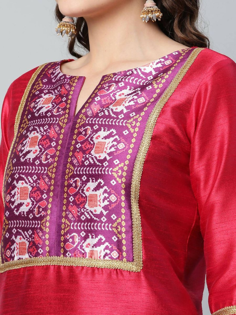 Ahalyaa Womens Red Art Silk Printed Kurta Pant Set