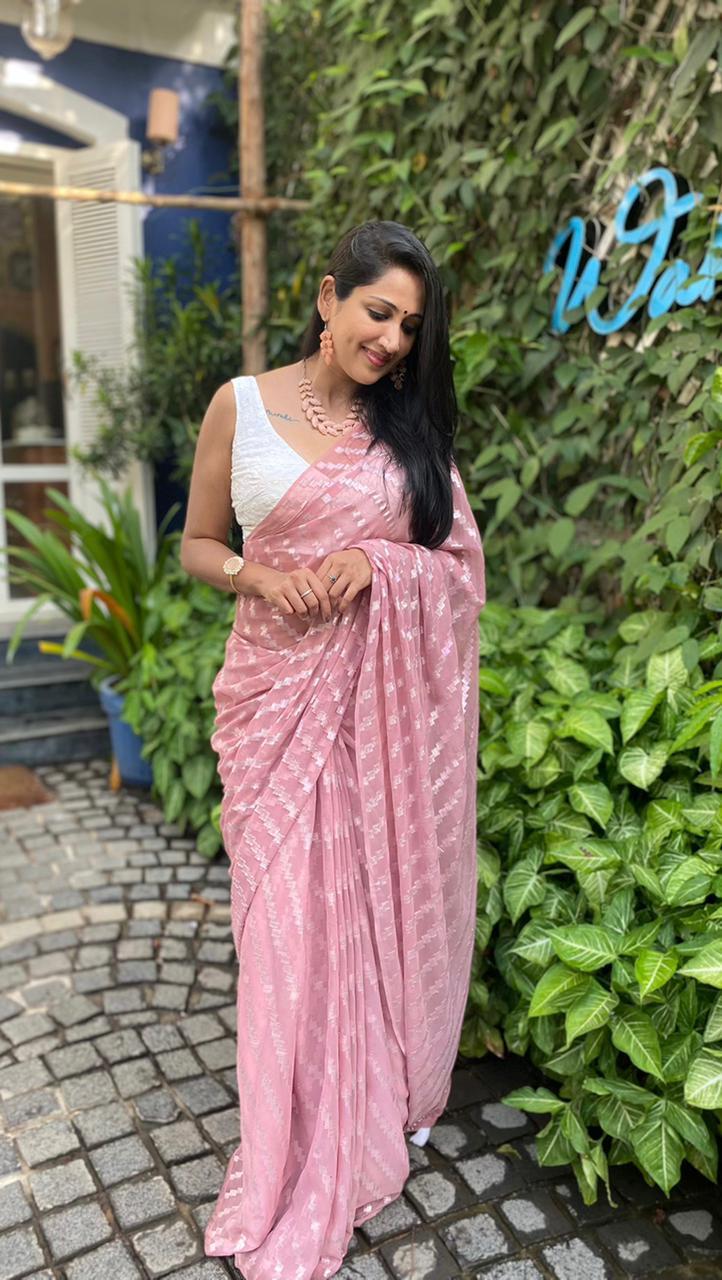 Pink Poly Chiffon Ethnic Motifs Saree with Unstitched Blouse - Hiral Fashion