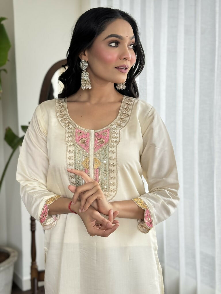 Cream Viscose chanderi Stitched Suit With Dupatta - Tanisha