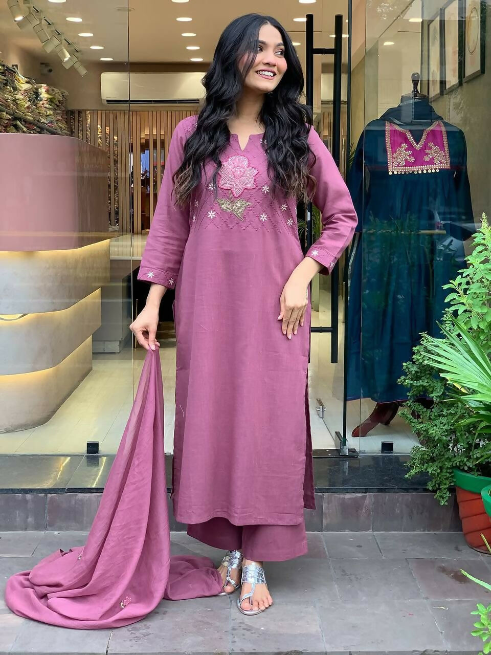 The52 Peach Women's Gorgeous Embroidered Cotton Fabric Straight Kurta Pant with Dupatta Set