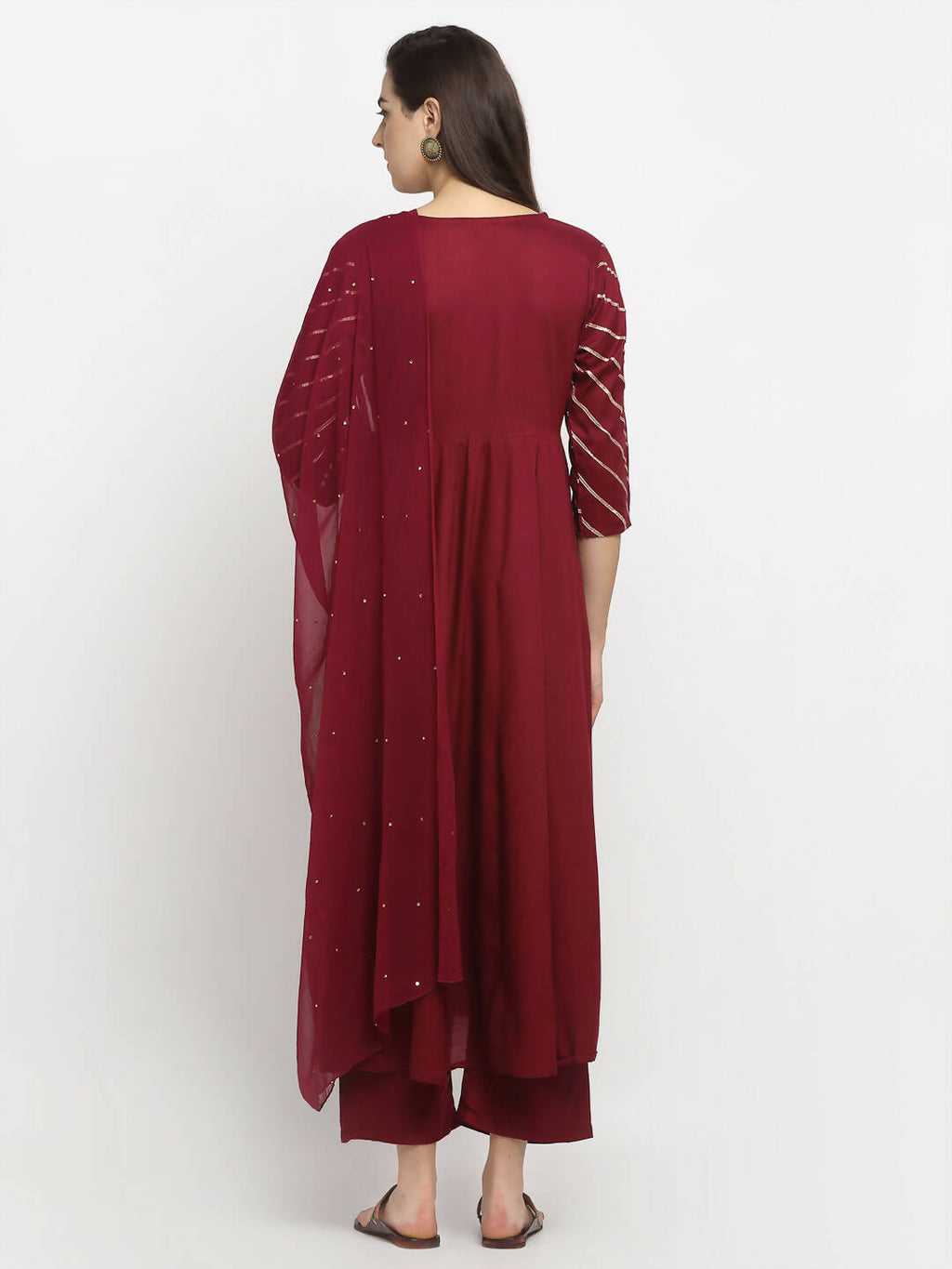 Rudra Bazaar Wine Angrakha Style Flared Anarkali Kurta with Pyjamas & Dupatta