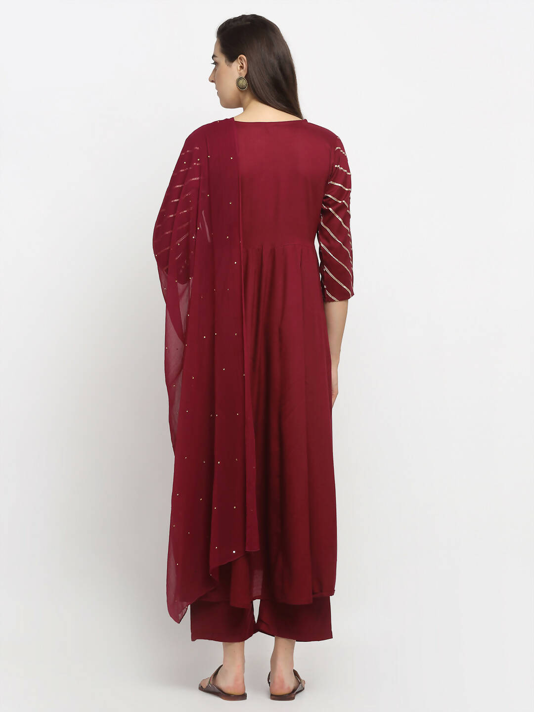 Rudra Bazaar Wine Angrakha Style Flared Anarkali Kurta with Pyjamas & Dupatta