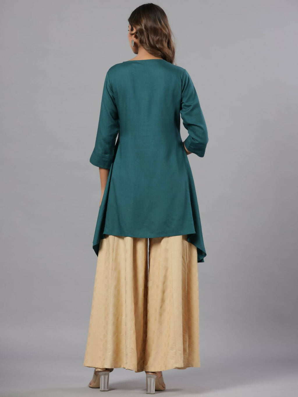 Juniper Women Teal Rayon Solid Asymmetric Kurta