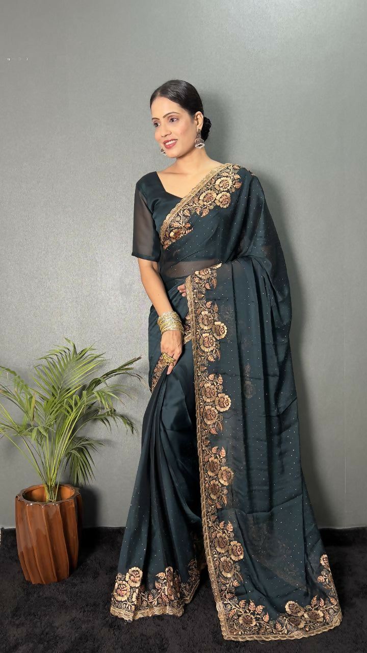 Vastranavya Morpeach Rangoli Silk Zari work with DMC Swarovski work Ready to Wear Saree