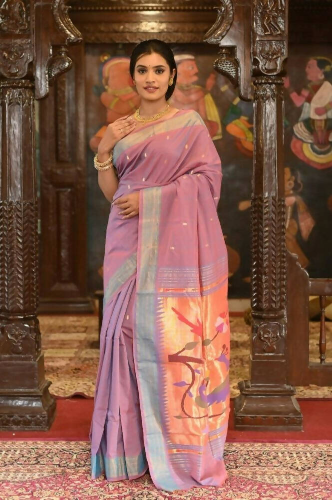 Very Much Indian Handloom Pure Cotton Paithani Peacock Pallu-Dual Tone Blue Pink