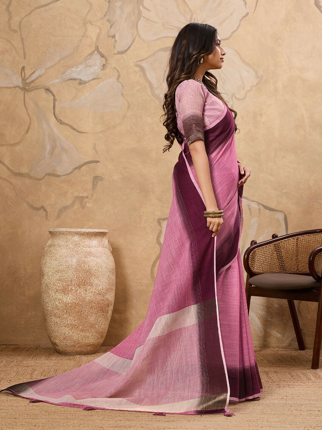Shree Shyam Fashion Rani Pink Linen Saree