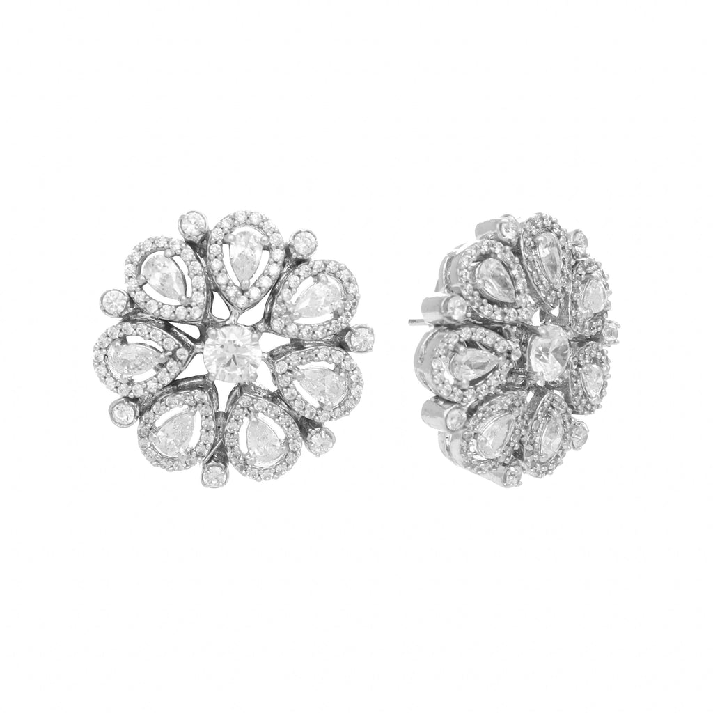 Nuyug Rhodium-Plated Zircon Studded Floral Statement Stud Earrings