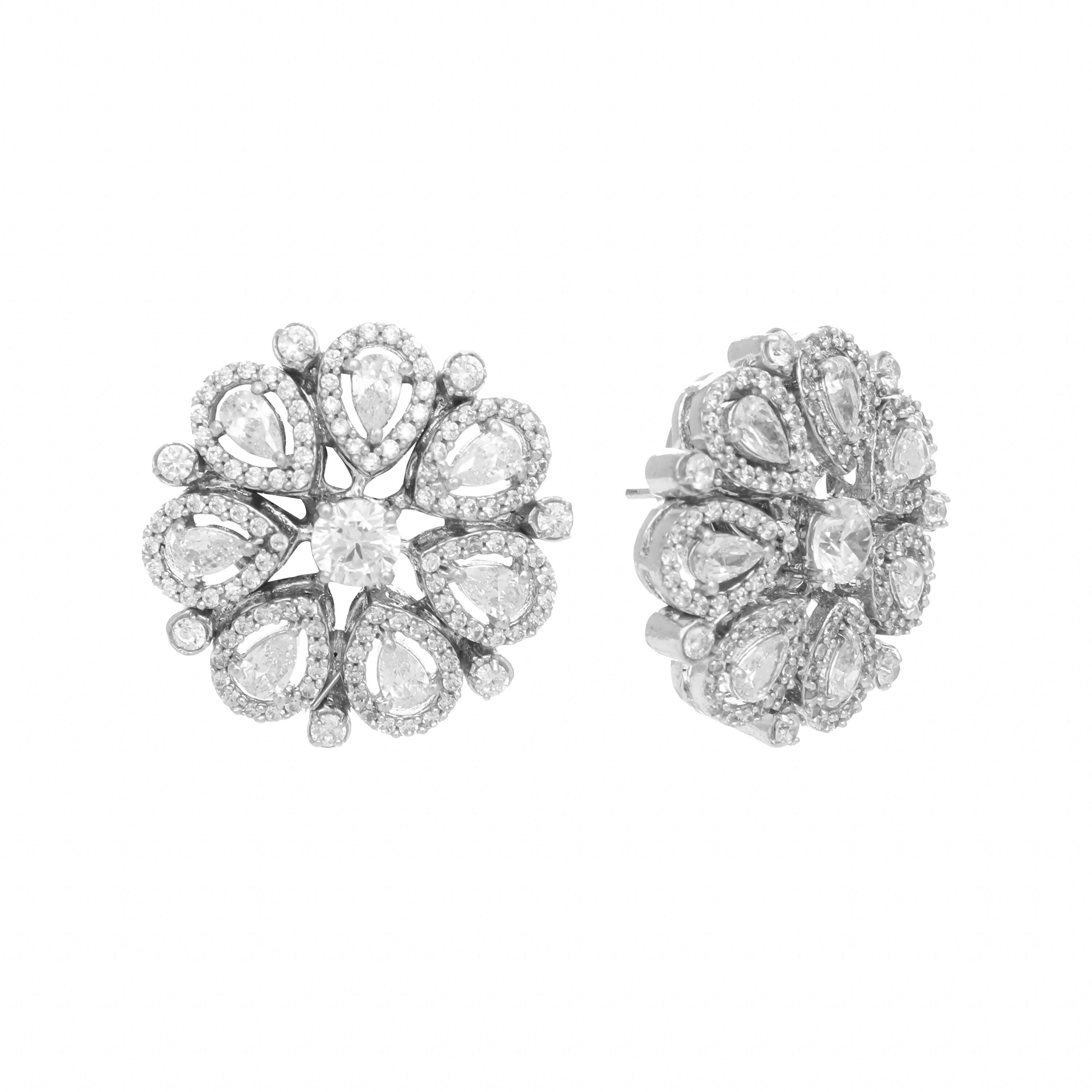Nuyug Rhodium-Plated Zircon Studded Floral Statement Stud Earrings