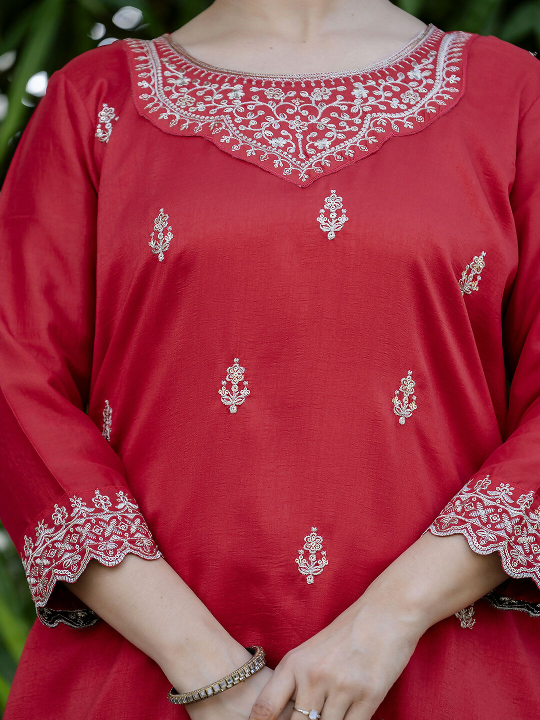 The52 Red Women's Gorgeous Embroidered Vichitra Silk Fabric Straight Kurta, Sharara and Dupatta Set