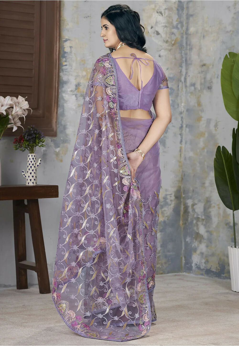 Vastranavya Soft Crush Georgette With Embroidery and Foil Multi Thread Work Saree - Lavender