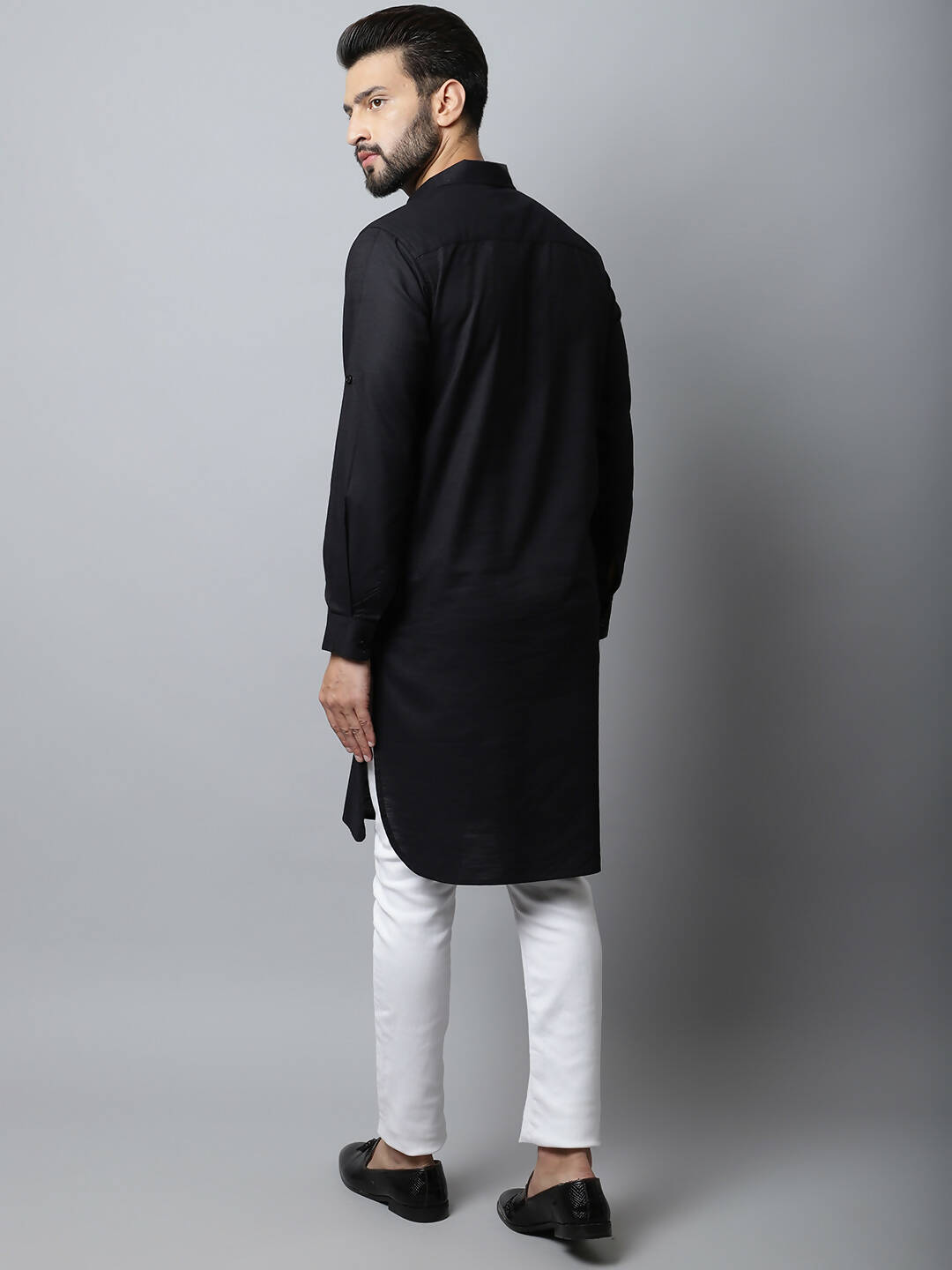 Even Apparels Black Color Linen Solid Men's Kurta With Shirt Collar (LN761)