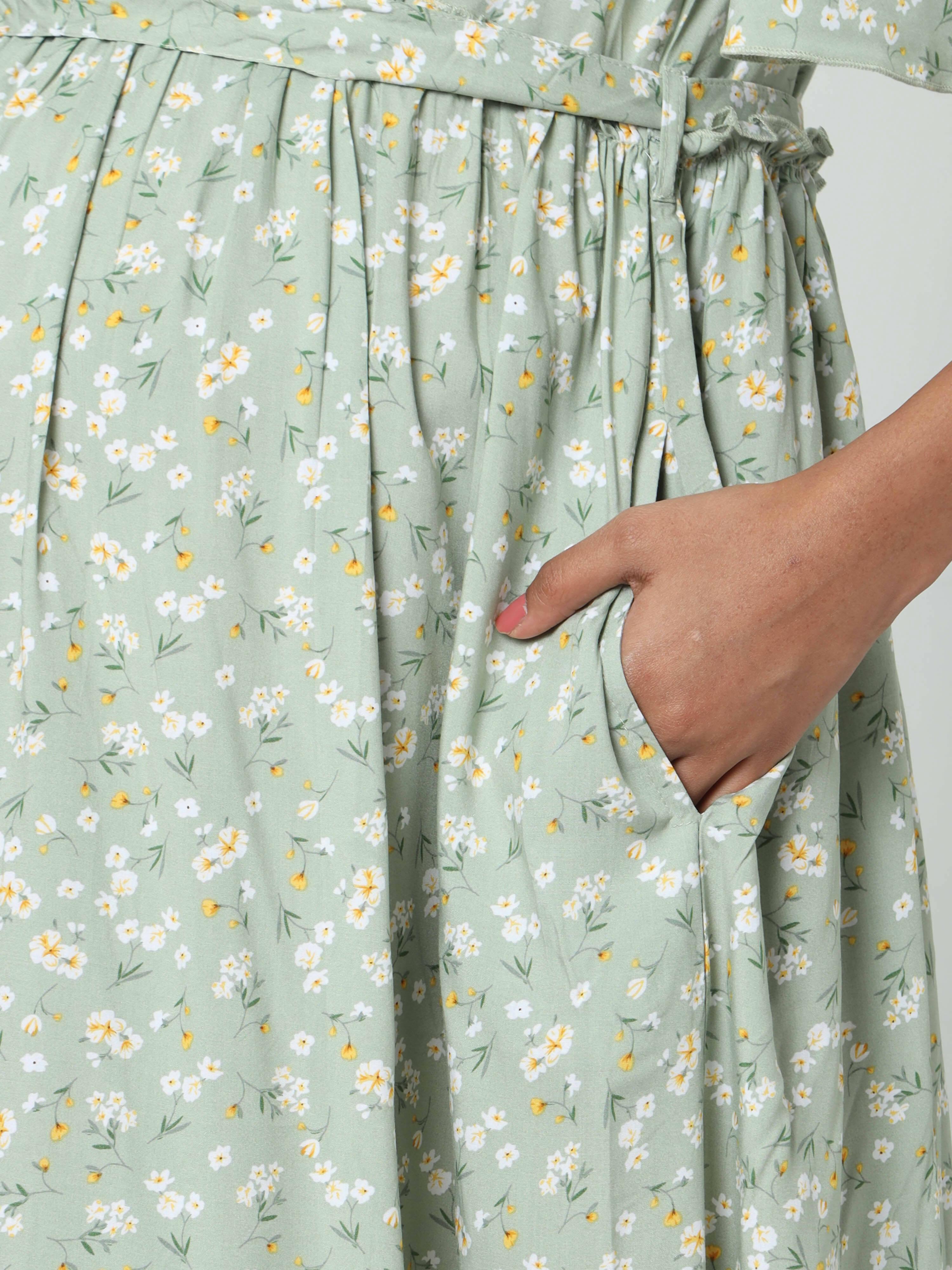 Manet Frill Slevees Maternity Dress Floral Print With Concealed Zipper Nursing Access - Green