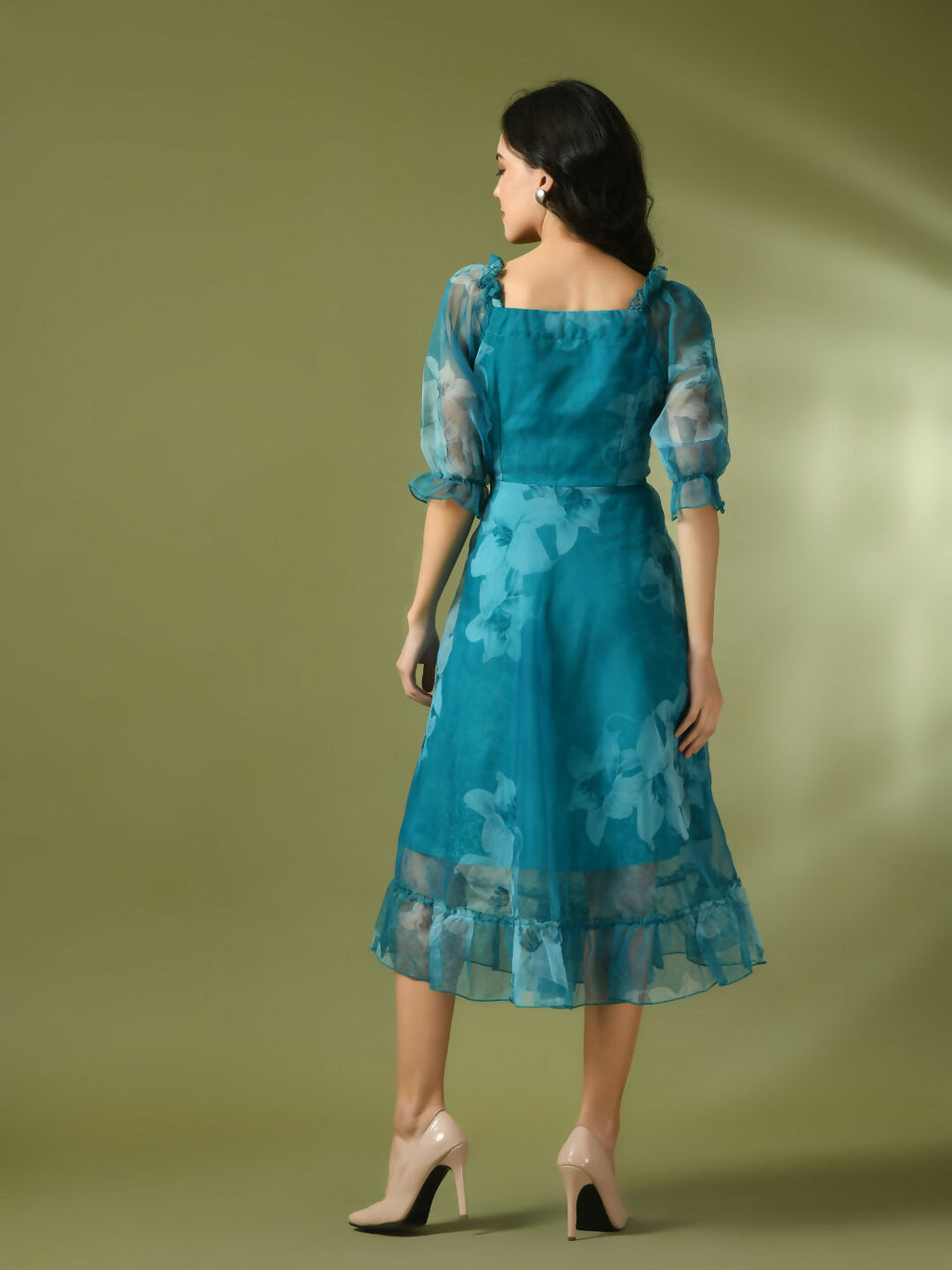 Myshka Women's Teal Printed Square Neck Fit and Flare Party Dress