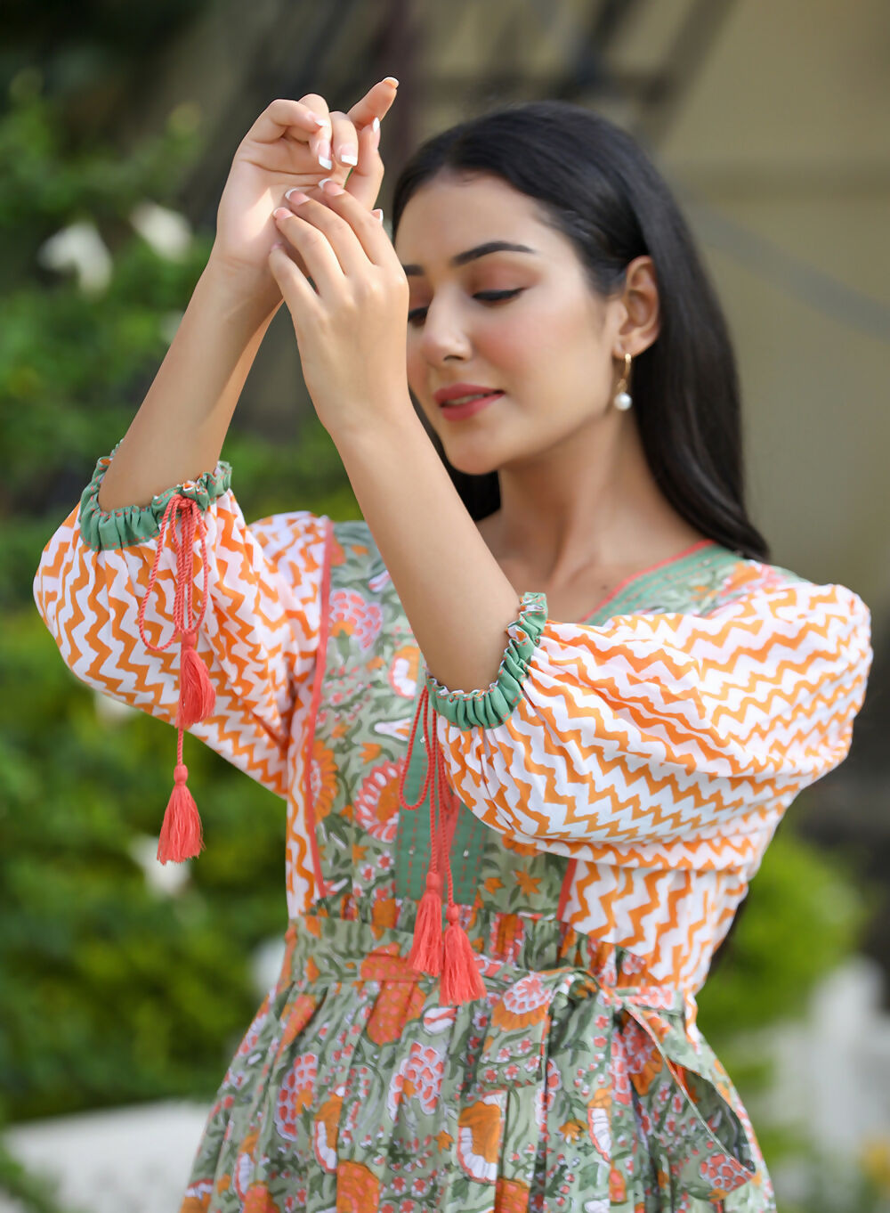 Kaajh Women's Orange Hand Block Printed Dress